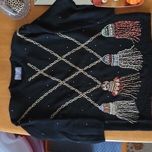 Marisa Christina Vintage Black Sweater with Gold and Red Tassel Accents